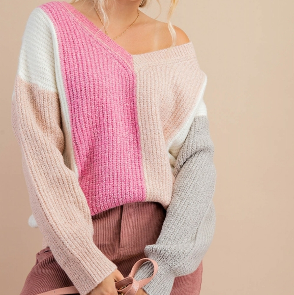 Ice Queen Pink Coloblock V Neck Sweater - Picture 2 of 8